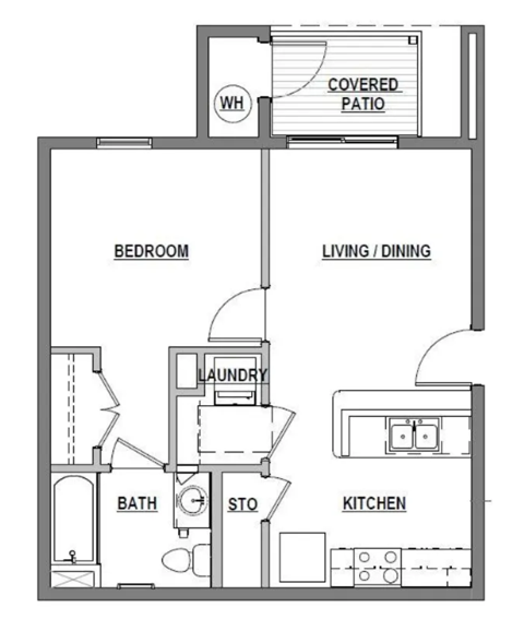 A floor plan of a small apartment with a laundry room and a covered patio.